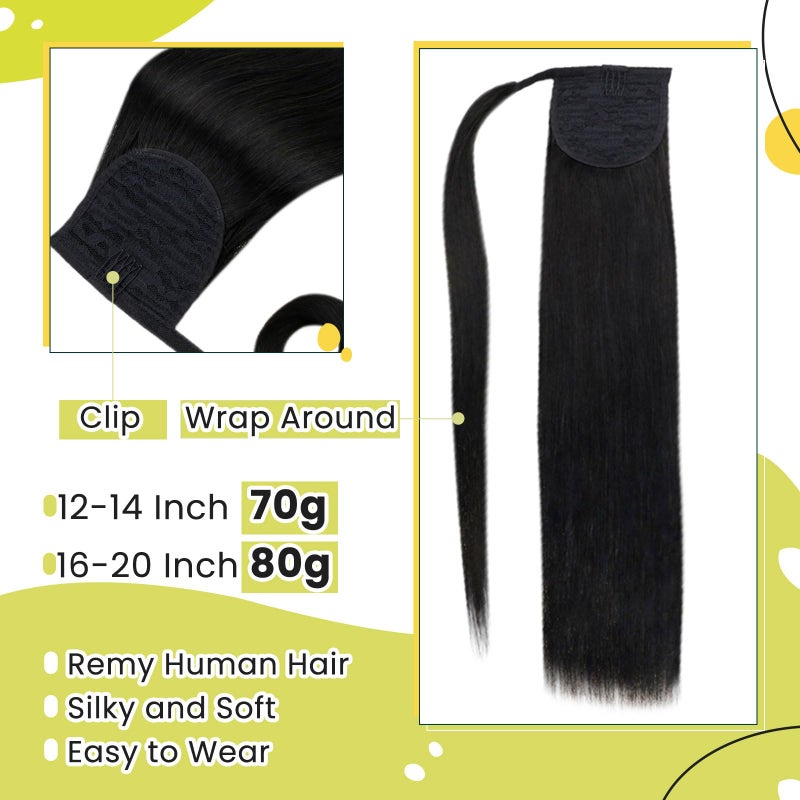 RUNATURE Ponytail Extension Human Hair, 14 Inch 70g Real Human Hair Ponytail, Striaght Natural Hairpiece with Wrap Around Magic Paste, Daily Wear, Easy to Install, #1B Off Black #1B Off Black - Image 3